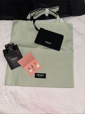 Prada Beauty Mint Green Tote with Black Pouch and Pink Accent Card